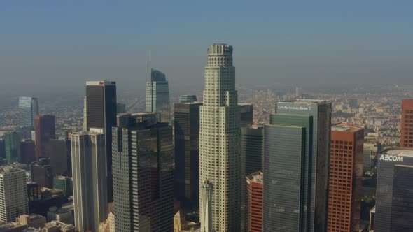 AERIAL: Close Up of US Bank Tower,Skyscraper in Los Angeles, California, Daylight  alt