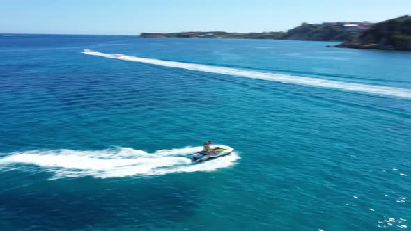 Aerial View of a Jet Ski Boat in a Deep Blue Colored Sea, Zakynthos, Greece