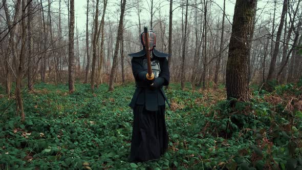 Concentrated Man with a Japanese Sword, a Katana Practicing Iaido in a Pine Forest, Wide Angle alt