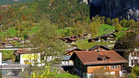 Traditional Chalets of Village in Lauterbrunnen Valley, Berner Oberland, Switzerland