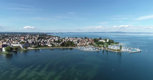 Aerial view of a small harbour along the coast, Lake Constance, Switzerland. alt