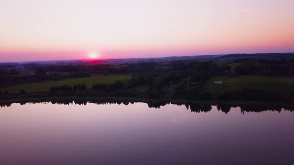 Sunset Over Lake Drone Shot