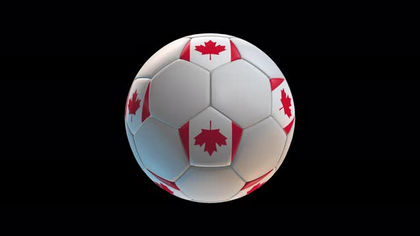 Soccer ball with flag Canada, on black background loop alpha