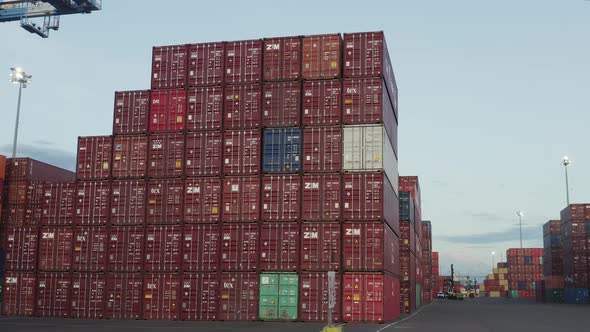 Shipping Containers Stacked On Husky Terminal In Port Of Tacoma, Washington, USA. Slide Shot alt