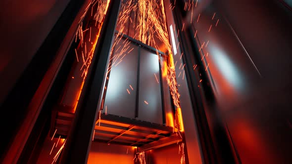 Elevator cabin with broken, red-hot brakes falling rapidly in the shaft. 4KHD alt