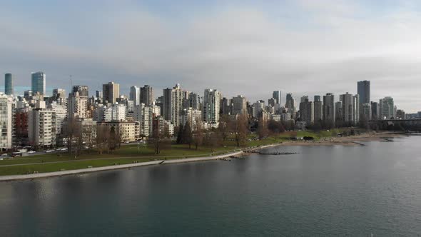 Various drone shots at English Bay near downtown Vancouver, BC during Polar Bear 2019 event alt