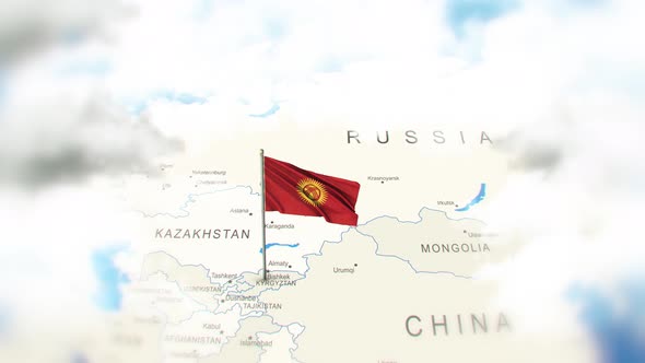 Kyrgyzstan Map And Flag With Clouds