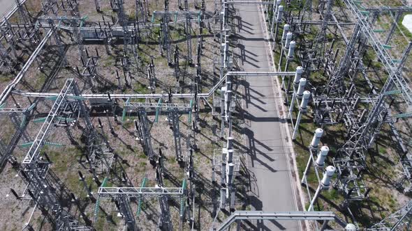 Aerial view of a high voltage electrical substation.