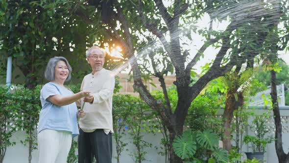 Asian attractive senior couple spending time outdoor gardening together at home in the evening. alt