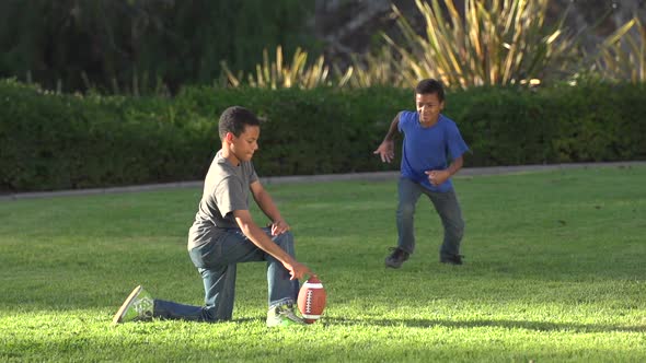 Two brothers kicking a football. alt