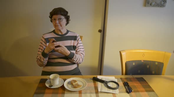 Happy Senior Woman Talking on the Phone at Home alt