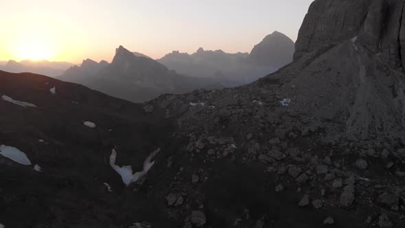 Aerial Fly near Passo Giau in Dolomites Italy at Sunset