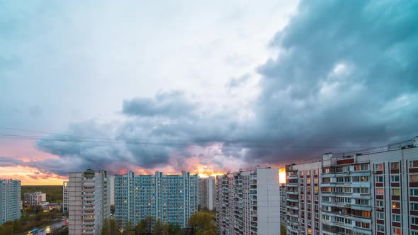 Sunset Timelapse Over Typical Panel Block Apartment Buildings of Moscow Russia