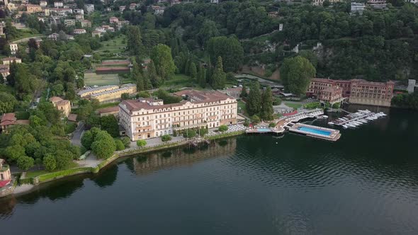 LAKE COMO, ITALY Villa Desta from the drone and the Italian Alps in background