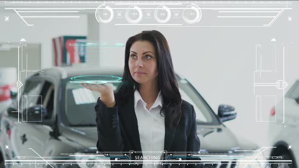 Fashionable Girl in Black Jacket Standing in the Auto Show Holds a Tablet and Shows the Animation of