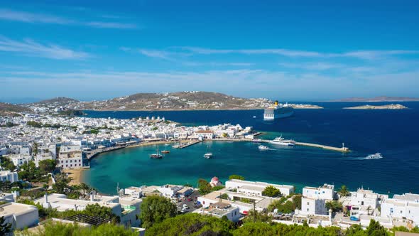 Timelapse of Mykonos Port with Boats, Cyclades Islands, Greece alt