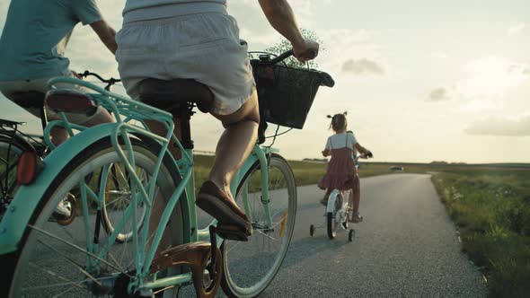 Rear view of family of four caucasian people riding bikes on village road. Shot with RED helium came alt