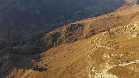 Sunrise in the Dolomites. Aerial View of Mountains and Valleys. South Tyrol and Trentino. Autumn in