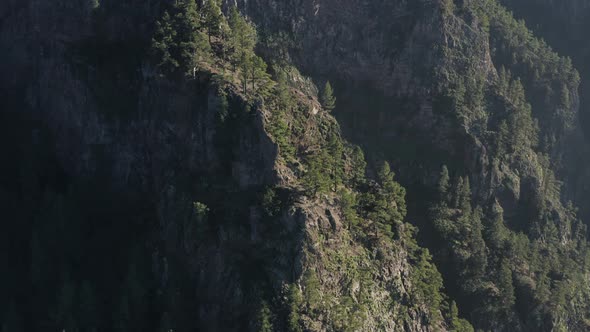 Aerial view of rocky mountain cliffs in Caldera De Taburiente national park in La Palma island