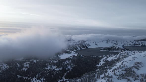 Panoramic drone shot of valley near Crater Lake and Wizard Island, Oregon, USA alt
