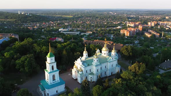 Poltava City Holy Assumption Cathedral Aerial View in the Evening