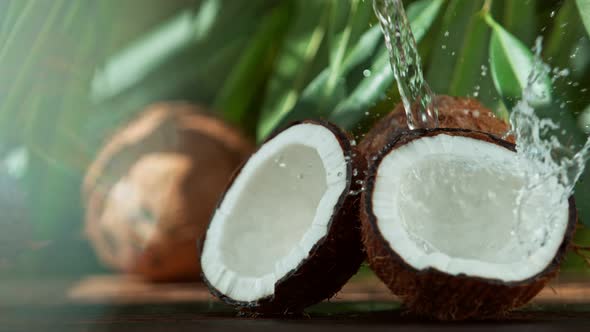 Super Slow Motion Shot of Water Splashing on Coconut at alt