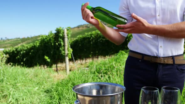 Mid section of man arranging wine bottle on table alt