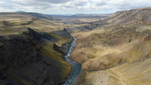 Aerial view of the canyon of Fossa river, close to Haifoss waterfall in Iceland alt