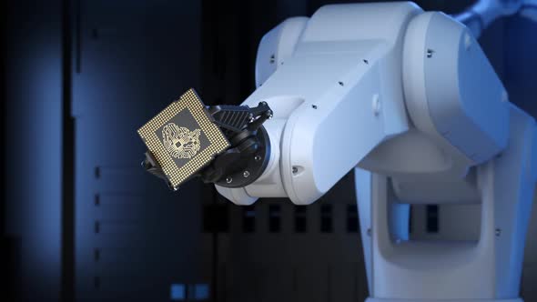 Robotic Arm Holding an Artificial Intelligence Computer Processor Unit
