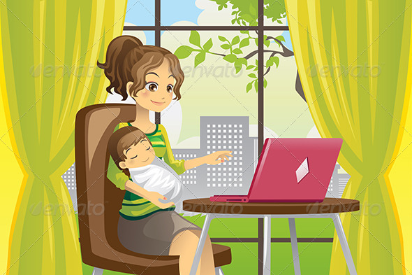 Mother and Baby using Laptop - People Characters