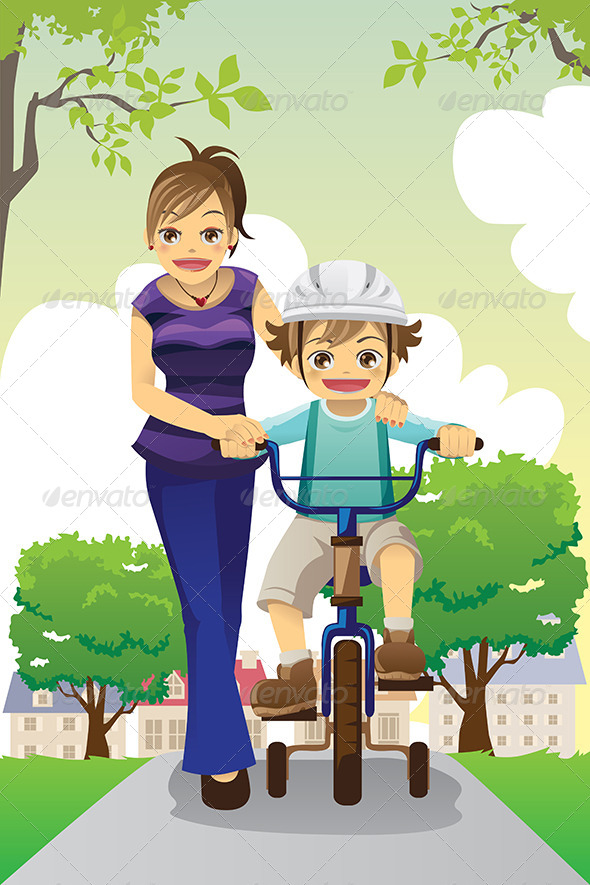 Mother Teaching Son Biking - People Characters
