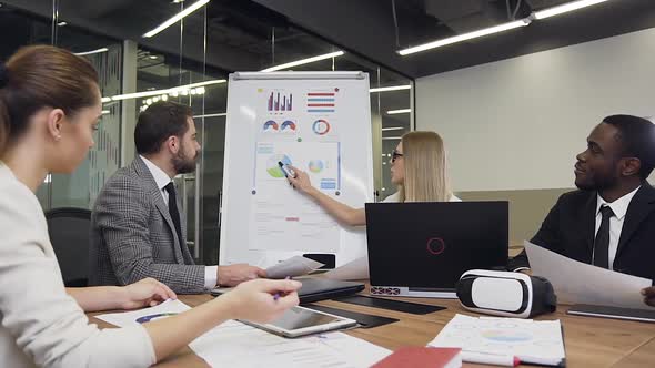Blond Businesswoman Discussing the Results of Research Using Flip Chart Presentation alt