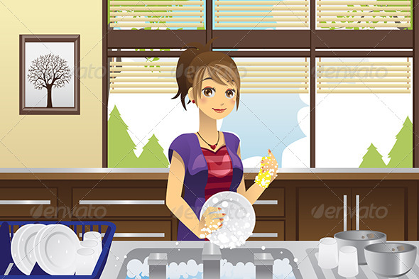 Housewife Washing Dishes - People Characters