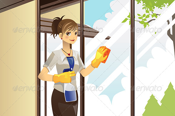 Housewife Cleaning Windows - People Characters