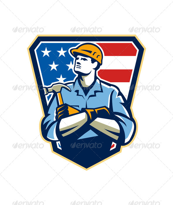 American Builder Carpenter Hammer Crest Retro - People Characters