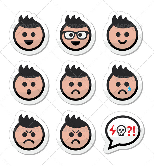 Man or Boy with Spiky Hair Faces Icons Set - People Characters