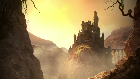 The fantasy skyline with the fortress at the top of hill. Zoom in animation. HD alt