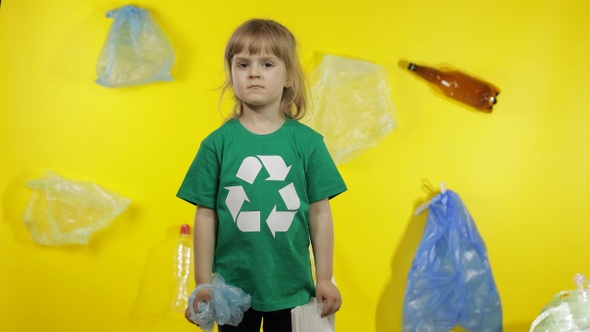 Girl Activist with Cellophane and Paper Packages. Reduce Plastic Pollution. Save Ecology Environment alt