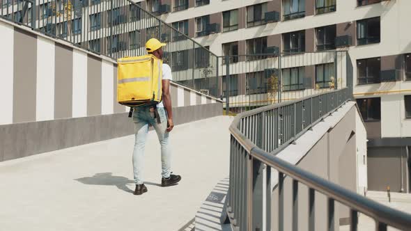 A Handsome Young African American Courier in a Medical Mask and Gloves Delivers alt