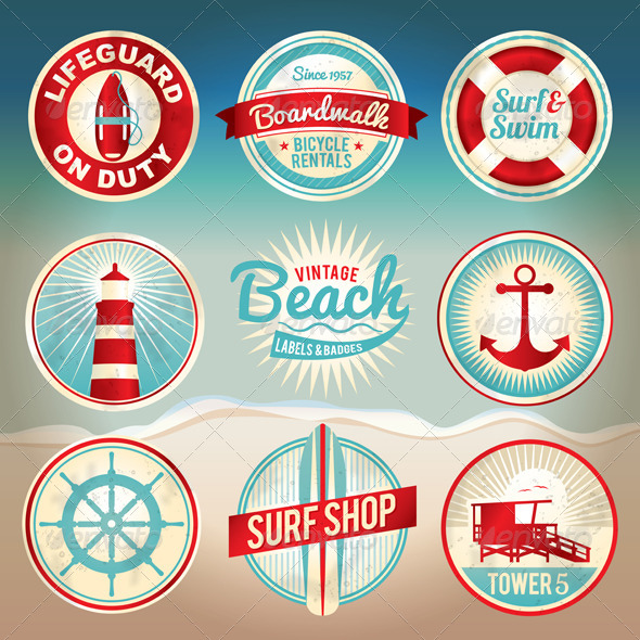 Vector Vintage Beach Labels and Badges - Travel Conceptual