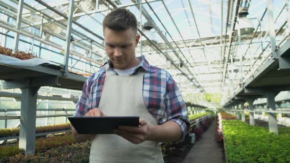 Successful Farmer Checking Greenhouse Climate Control App on Tablet, Technology