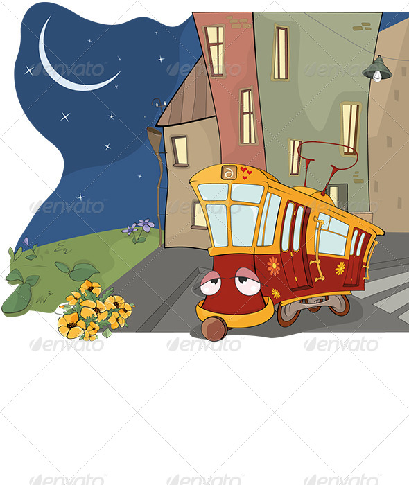 Fairy Tale on a Tired Red Tram Cartoon - Seasons/Holidays Conceptual
