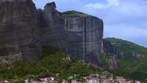 View of Meteora Valley and Cliffs and Kastraki and Kalampaka Villages, Greece - Zoom Out