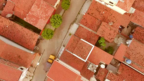 Aerial view of rooftops and small streets of Rio do Fogo town, Brazil.