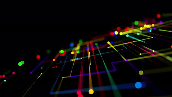 Scifi Bg of Glow Multicolor Particles Form Lines Like Electrical Circuit or Microcircuit alt