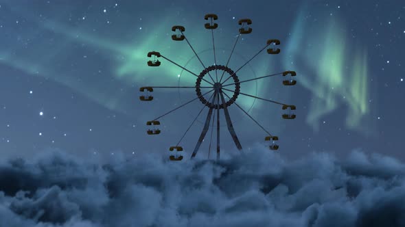 Old Moving Ferris Wheel Over Fluffy Clouds In Front Of Starry Sky
