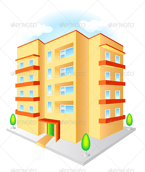 New Multistoried Building with Red Balconies - Buildings Objects