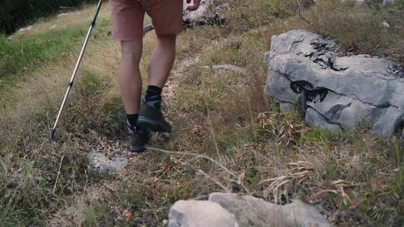 Tourist Hiker with Trekking Poles is Walking in the Mountains Legs Closeup alt