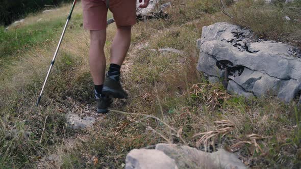 Tourist Hiker with Trekking Poles is Walking in the Mountains Legs Closeup