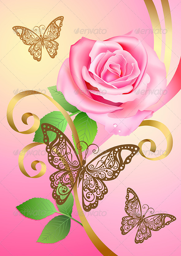 Greeting Postcard with Rose and Butterflies - Miscellaneous Seasons/Holidays